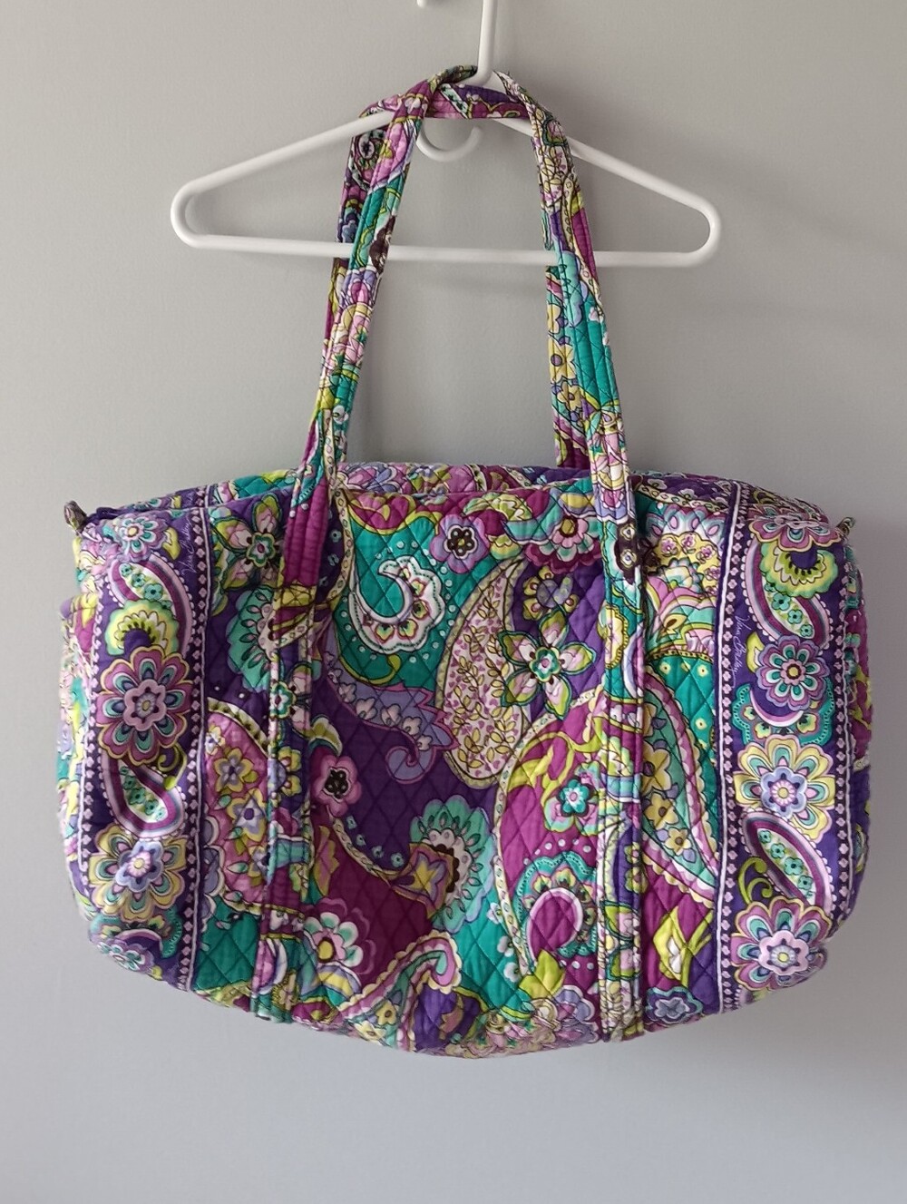 Vera Bradley Heather Paisley Duffle Bag Quilted Cotton Large Zip Top Aqua Pink